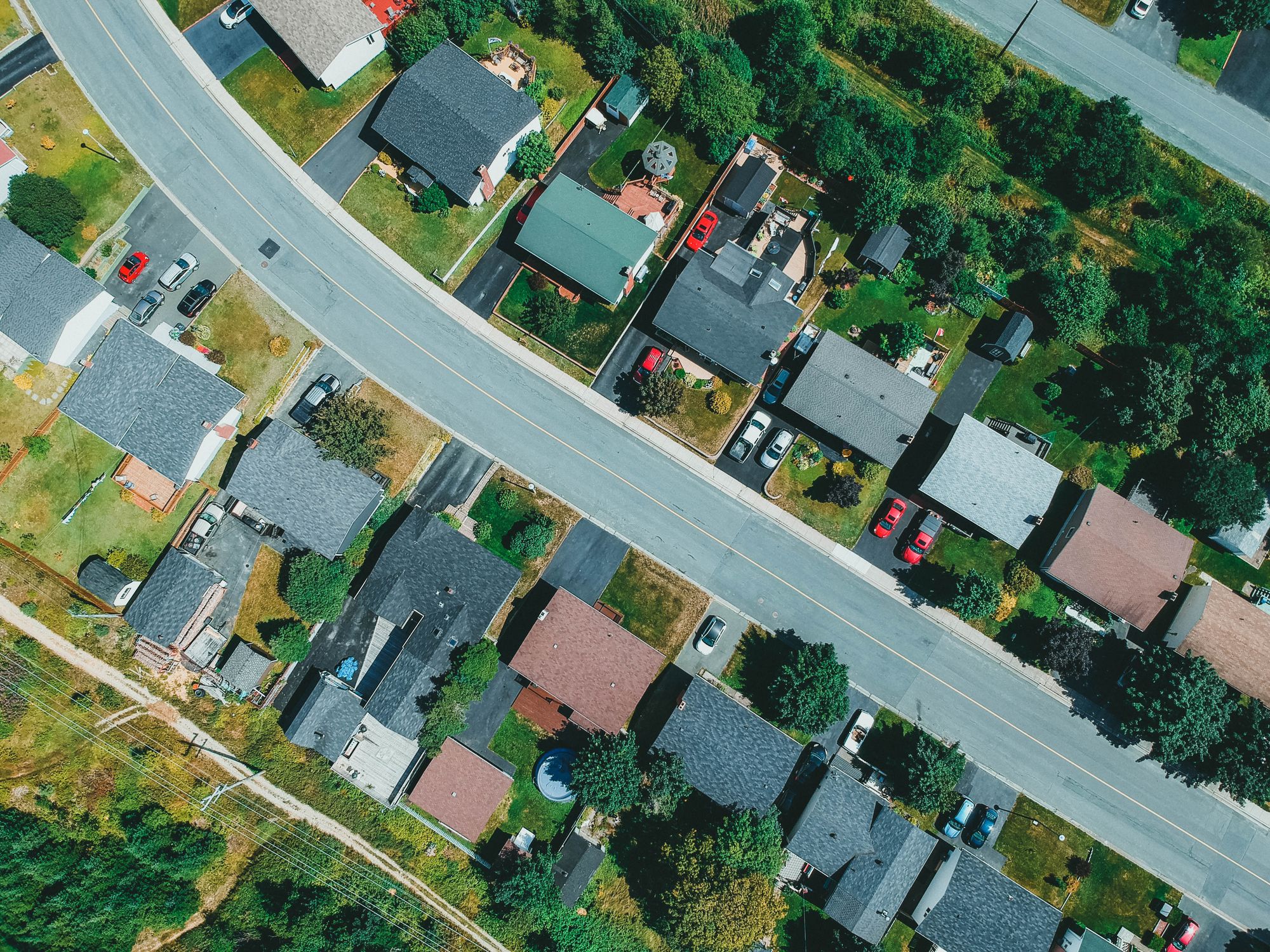 Aerial view of an American neighborhood of roofs